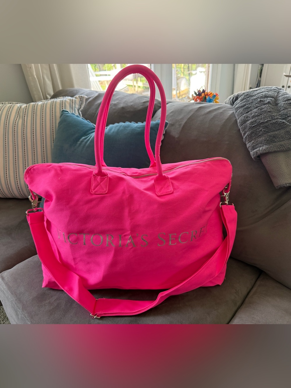 Victoria's Secret Bright Pink Canvas weekender tote with Shoulder Strap